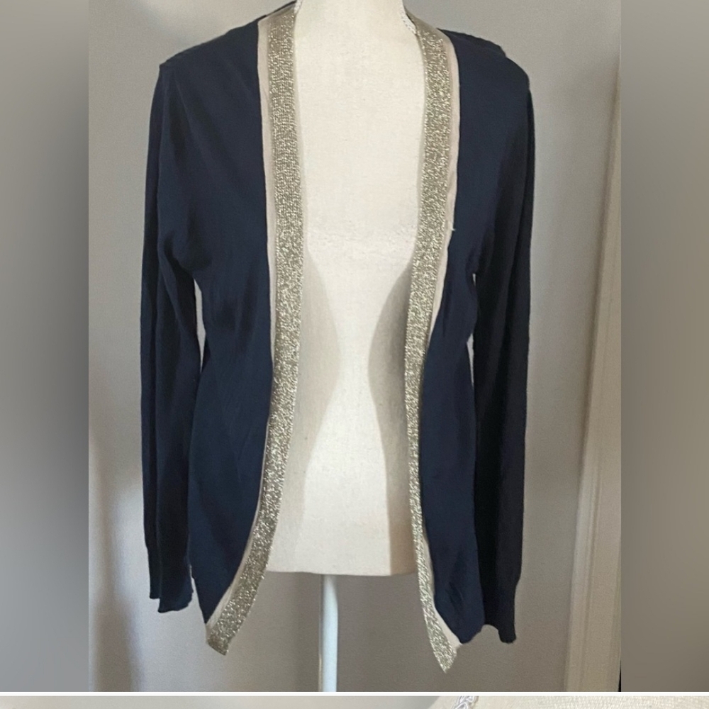 Dana Buchman Midnight Blue and Metallic Silver Trim Knit Cardigan